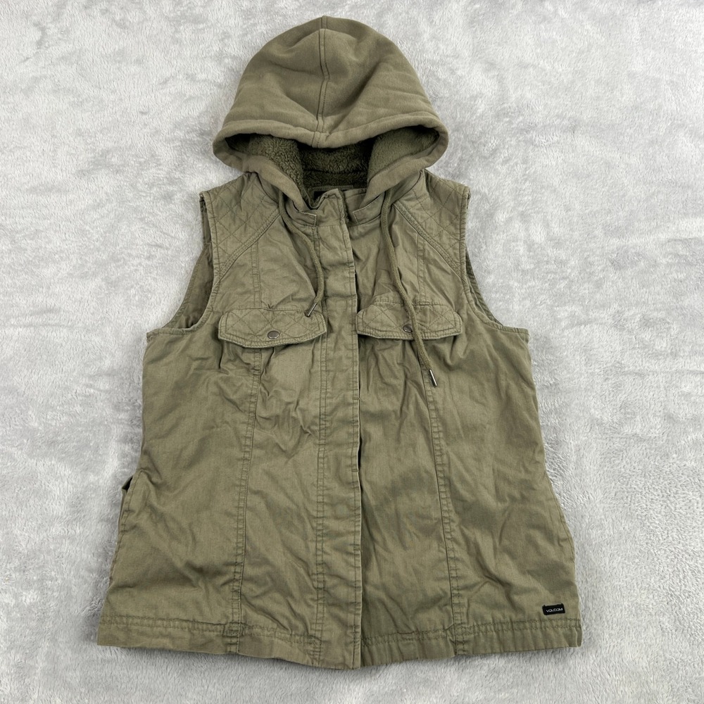 Volcom Sherpa Lined Hooded Utility Vest S Green Women Canvas Quilted Outdoor